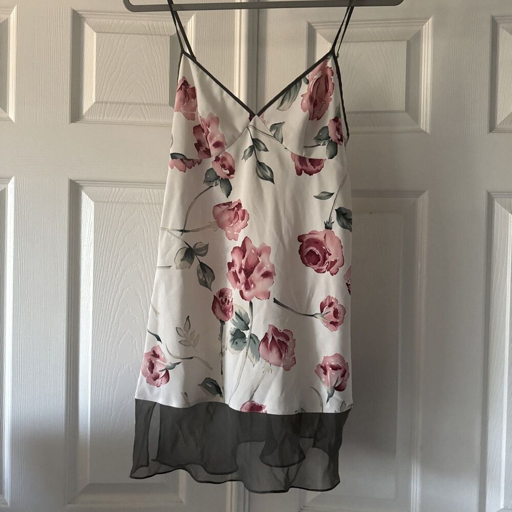 Babydoll Womens Tank Top Small Floral Y2K Adjustable Strap V Neck White Pink